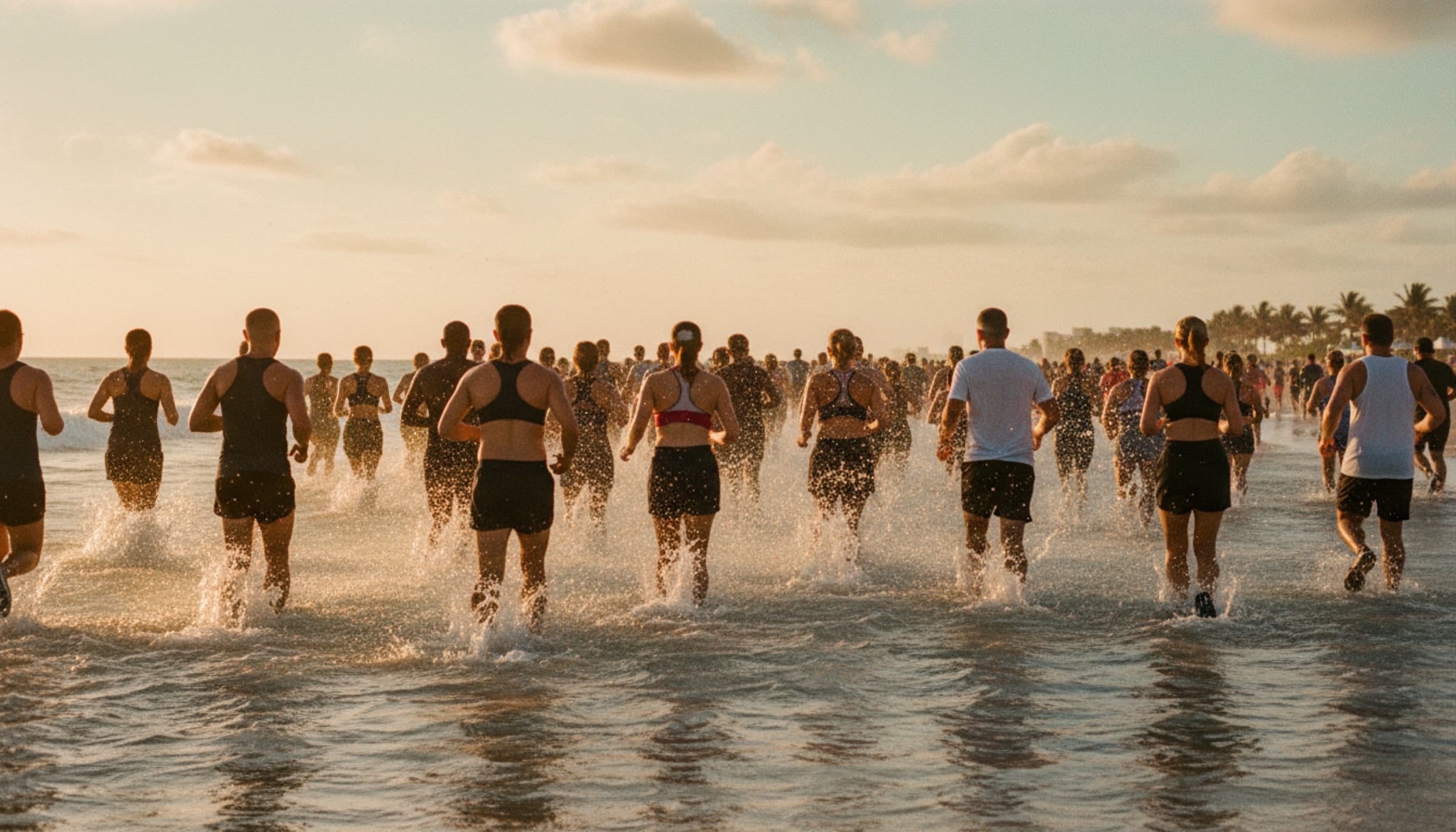 A crowd of runners entering the ocean at sunrise on Miami Beach