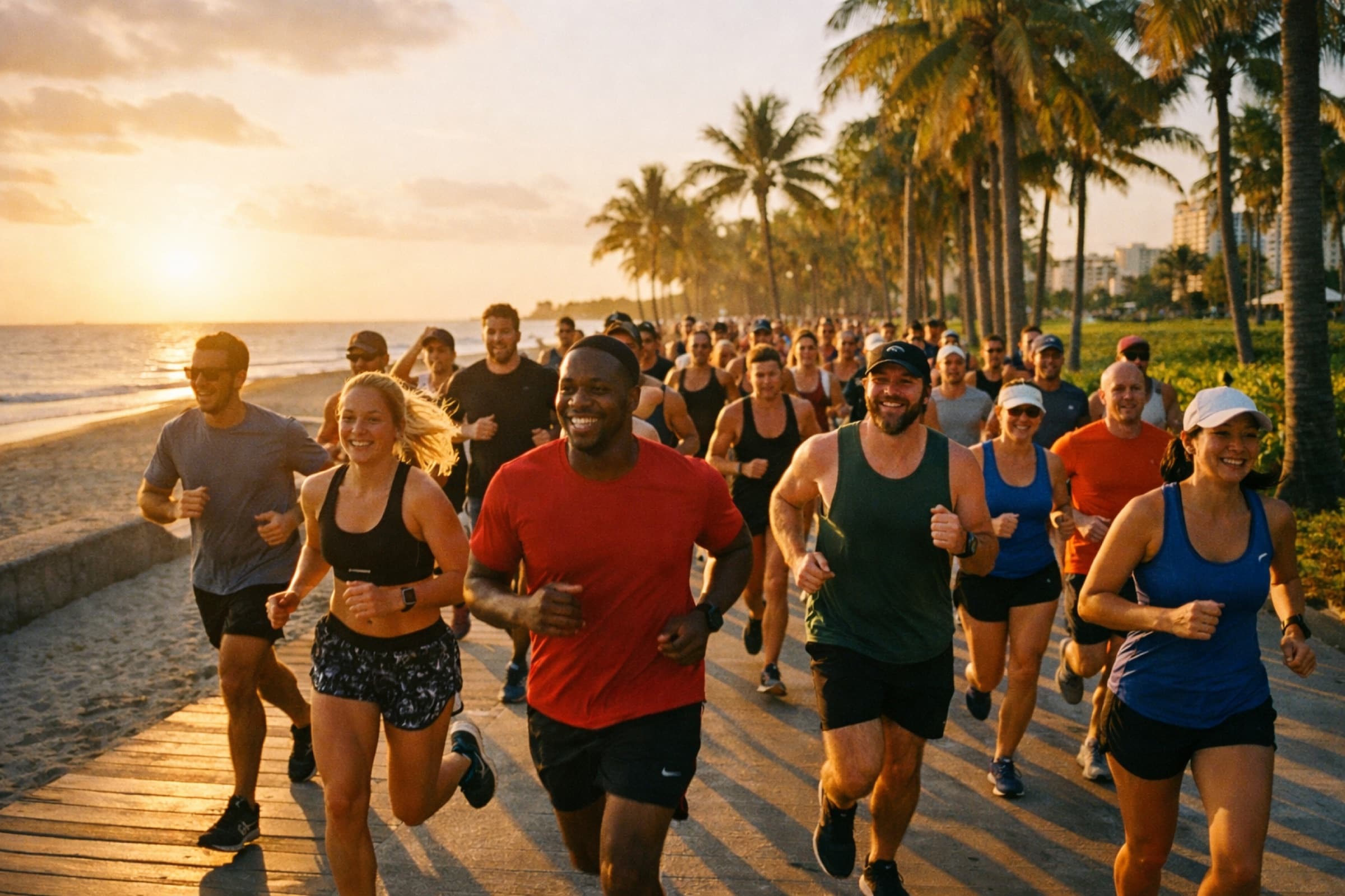 A big run club moving down a palm-lined boardwalk at sunrise